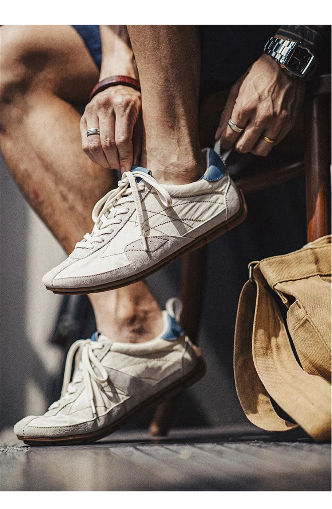 MADEN Men Vintage Low-top GATS Sneakers White Canvas Breathable Lightweight Soft Sole Classic Retro Casual Summer Shoes