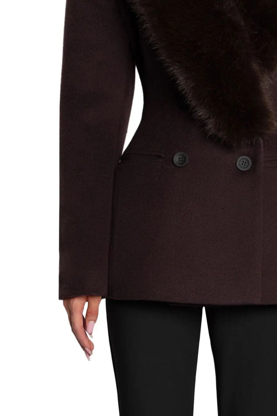 Women Short Fitted Wool Blend Coat, Wide Faux Fur Lapel Collar, Double Breasted Elegant Slim Waist Winter Outerwear For Female