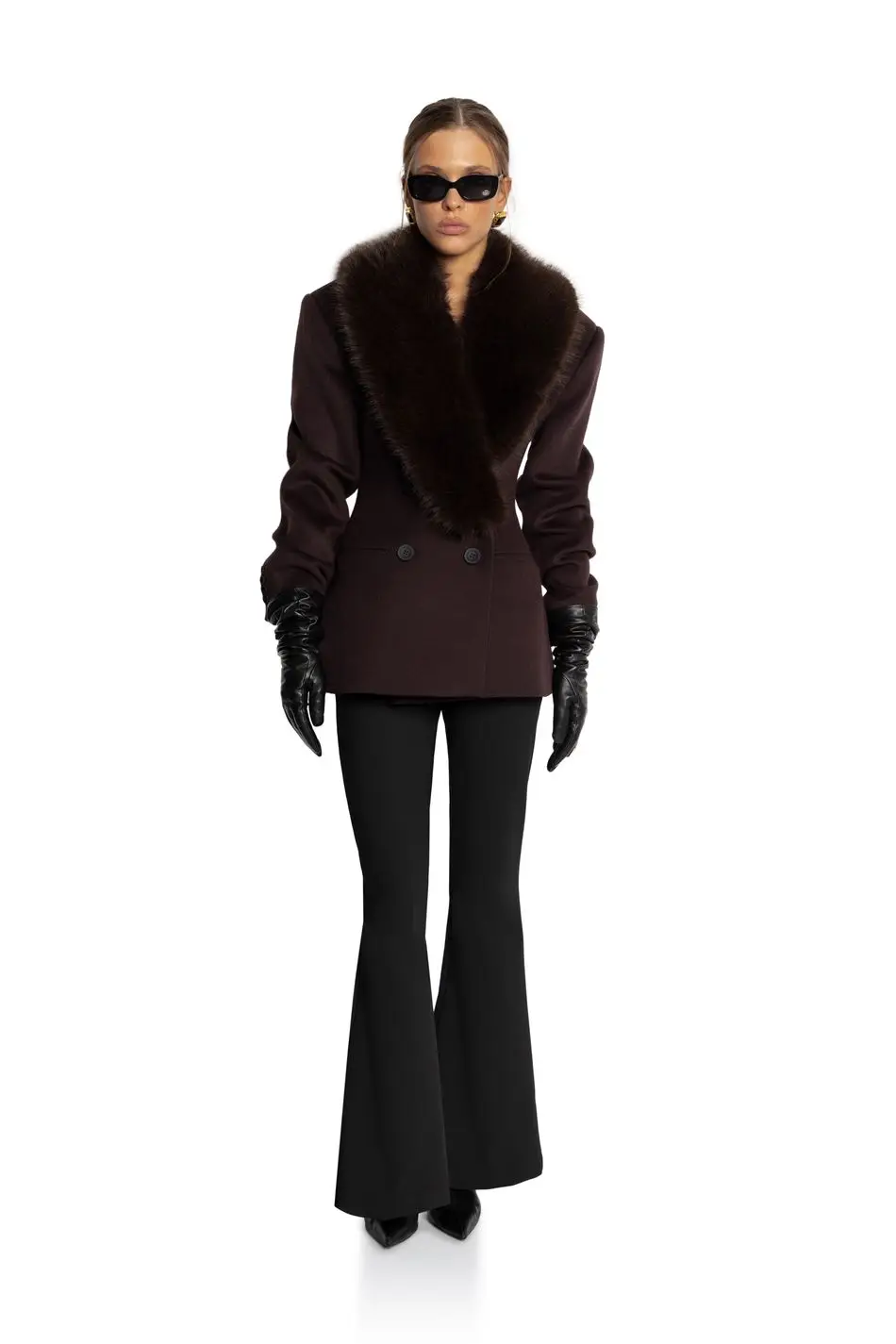 Women Short Fitted Wool Blend Coat, Wide Faux Fur Lapel Collar, Double Breasted Elegant Slim Waist Winter Outerwear For Female