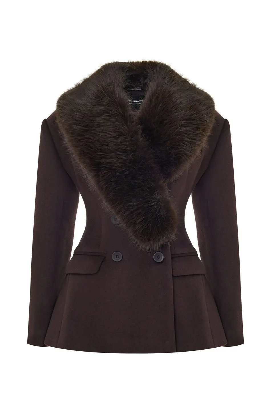 Women Short Fitted Wool Blend Coat, Wide Faux Fur Lapel Collar, Double Breasted Elegant Slim Waist Winter Outerwear For Female