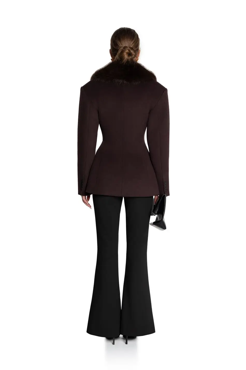 Women Short Fitted Wool Blend Coat, Wide Faux Fur Lapel Collar, Double Breasted Elegant Slim Waist Winter Outerwear For Female