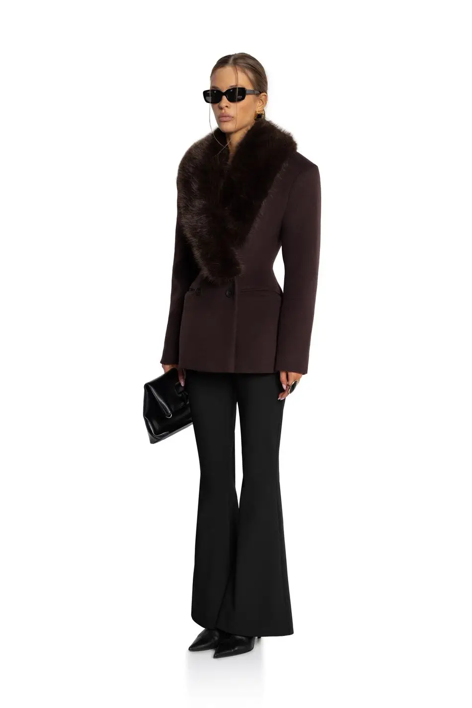 Women Short Fitted Wool Blend Coat, Wide Faux Fur Lapel Collar, Double Breasted Elegant Slim Waist Winter Outerwear For Female