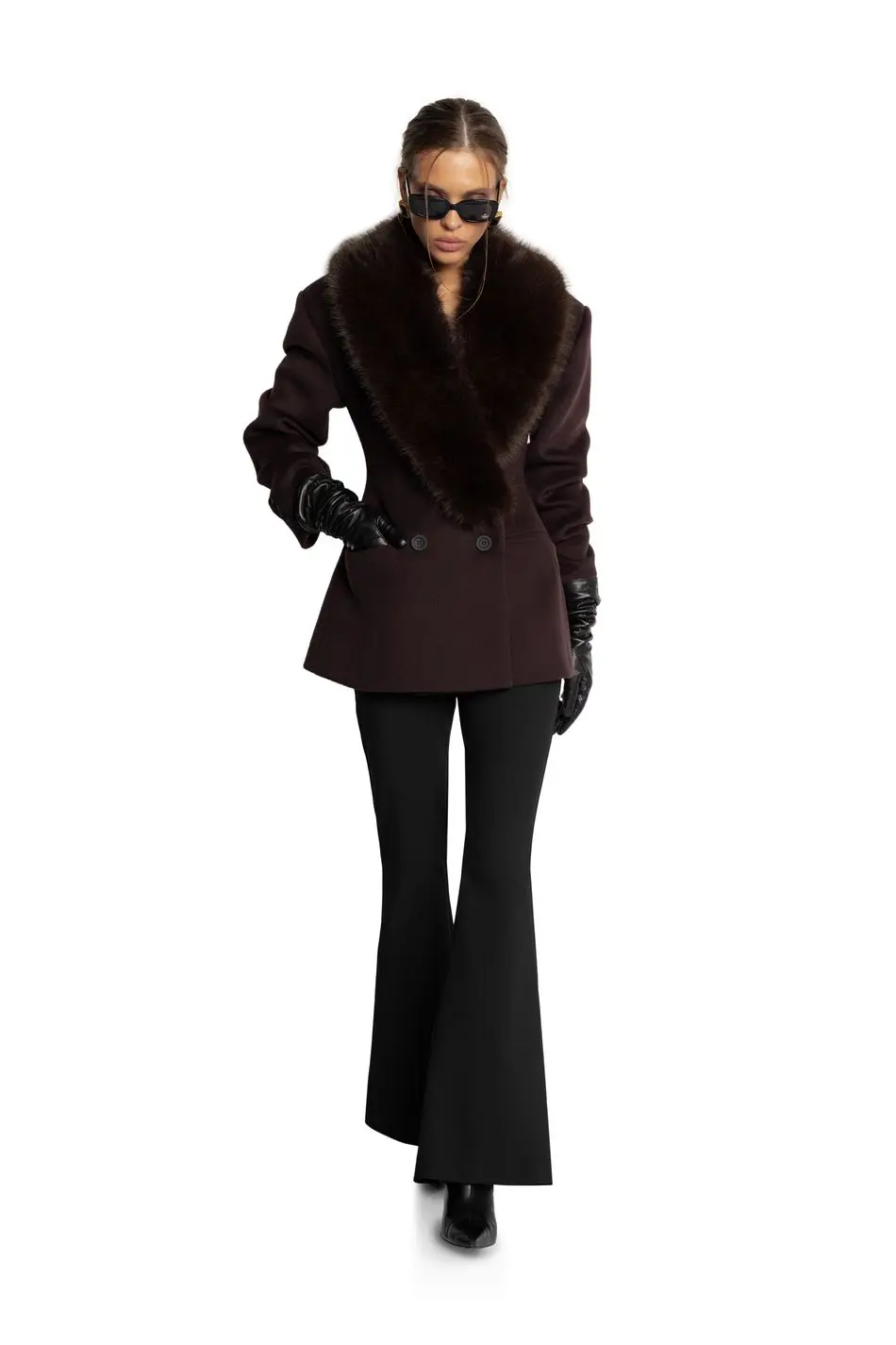 Women Short Fitted Wool Blend Coat, Wide Faux Fur Lapel Collar, Double Breasted Elegant Slim Waist Winter Outerwear For Female