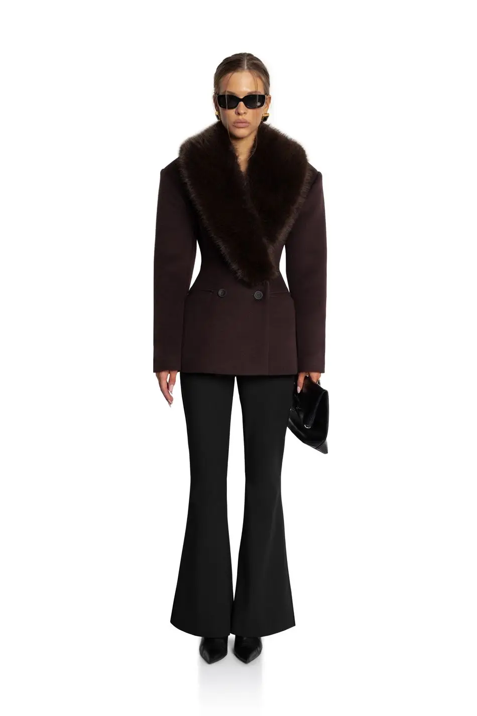 Women Short Fitted Wool Blend Coat, Wide Faux Fur Lapel Collar, Double Breasted Elegant Slim Waist Winter Outerwear For Female