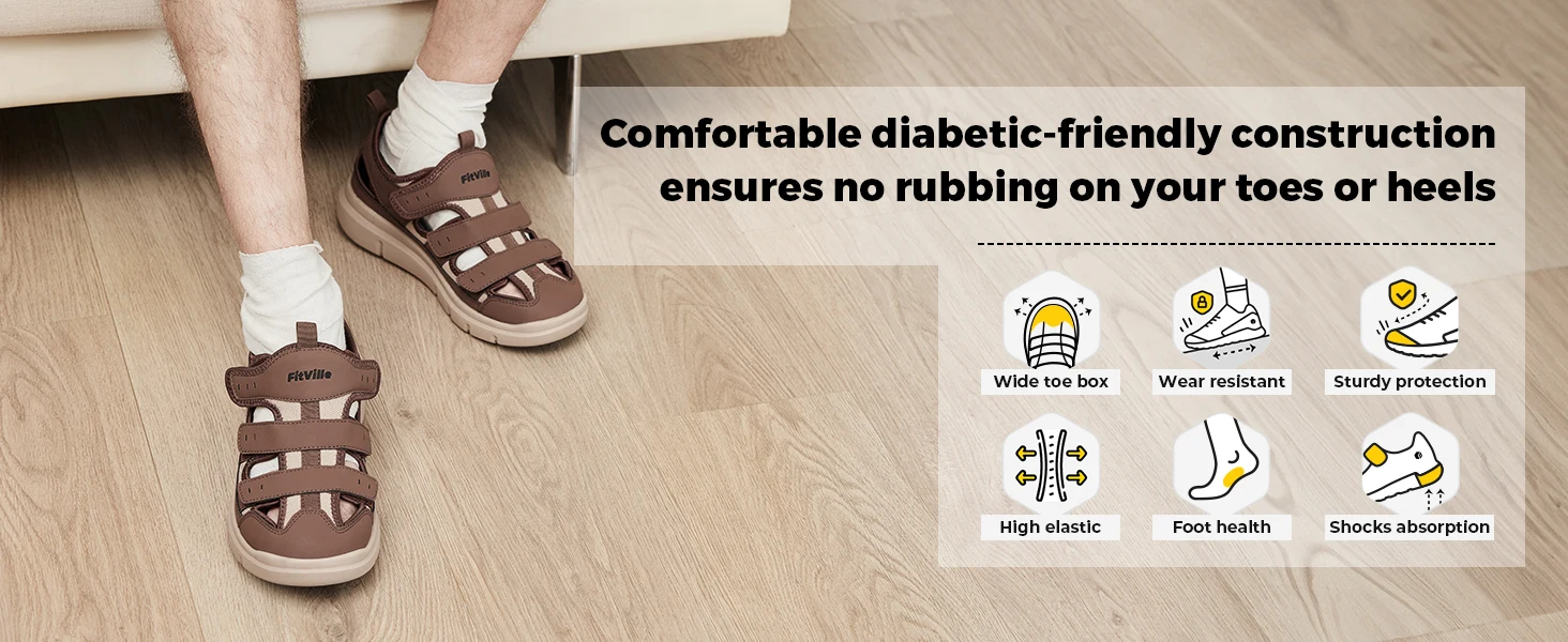 FitVille Summer Men's Wide Width Casual Diabetic Sandals, Lightweight Open Toe Sandals Built-in Arch Support, Effective Foot Pain Relief for Plantar Fasciitis, for Wide & Swollen Feet