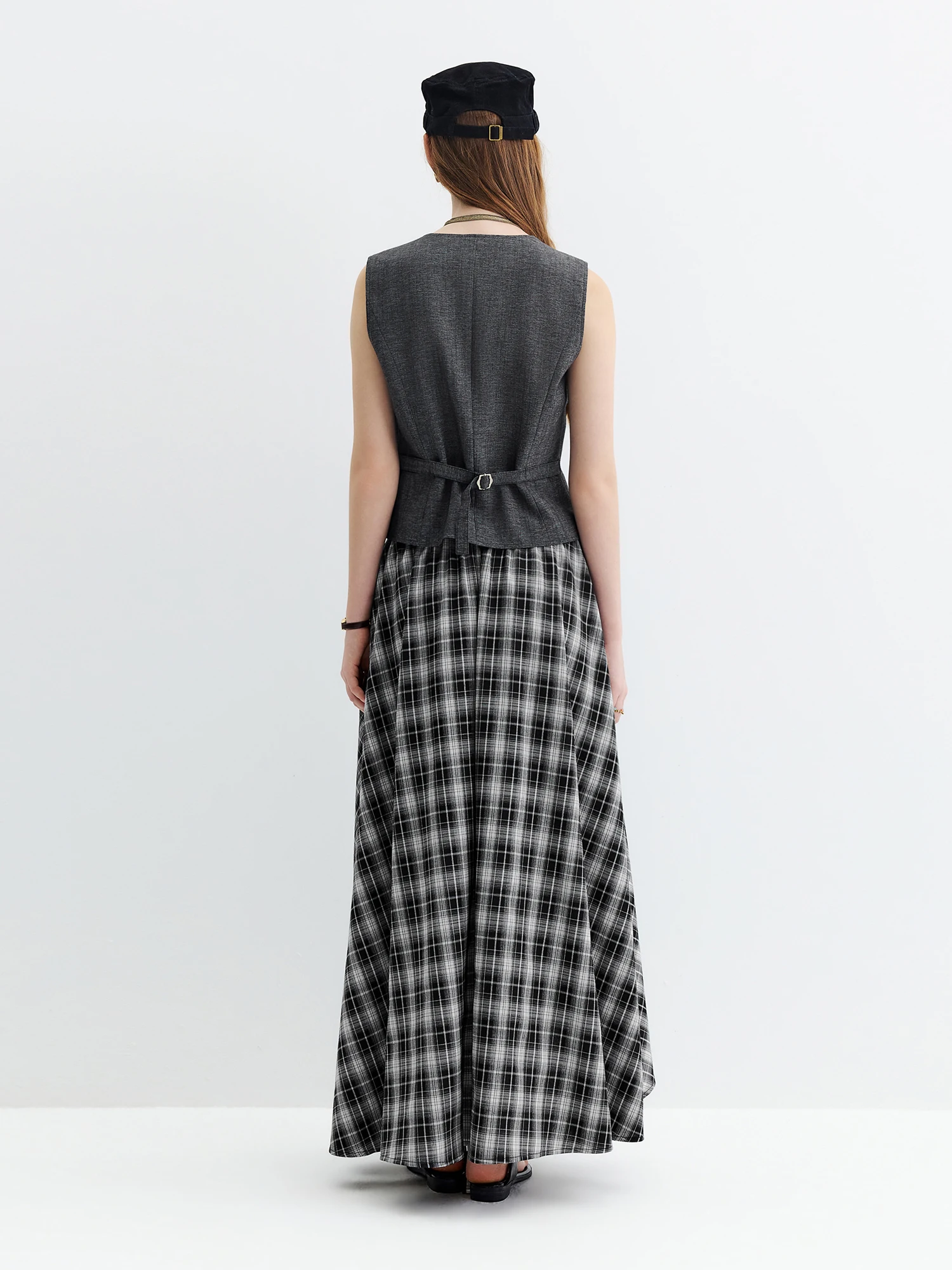 FSLE Women's 2026 Autumn New Arrival V-Neck Linen Sleeveless Vest Plaid Skirt Set Elegant Commute A-Line Floor Lenghth Skirt