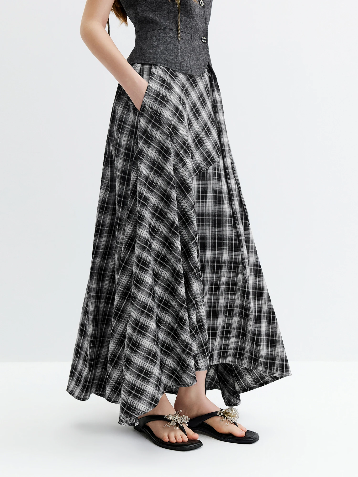 FSLE Women's 2026 Autumn New Arrival V-Neck Linen Sleeveless Vest Plaid Skirt Set Elegant Commute A-Line Floor Lenghth Skirt