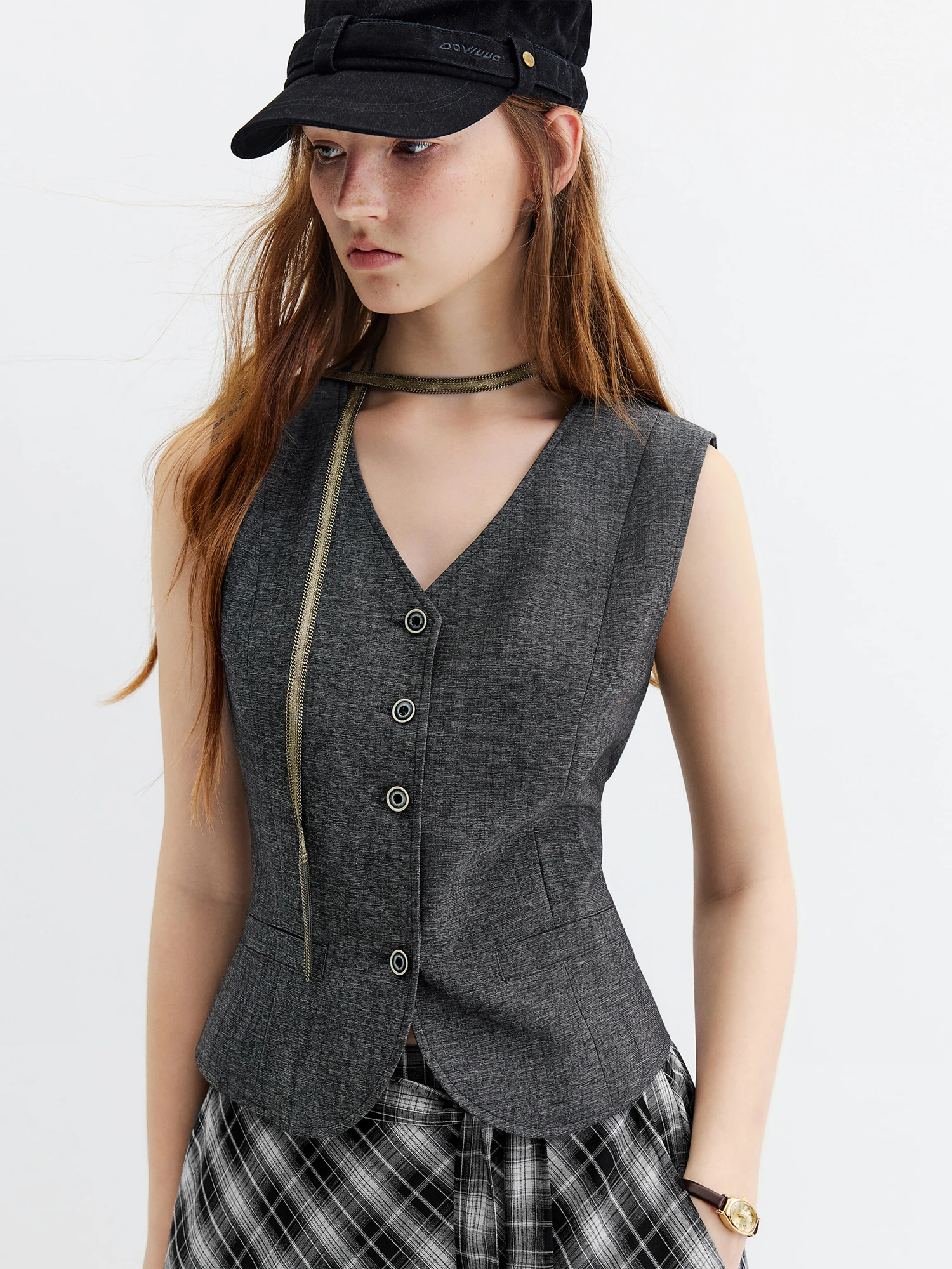 FSLE Women's 2026 Autumn New Arrival V-Neck Linen Sleeveless Vest Plaid Skirt Set Elegant Commute A-Line Floor Lenghth Skirt