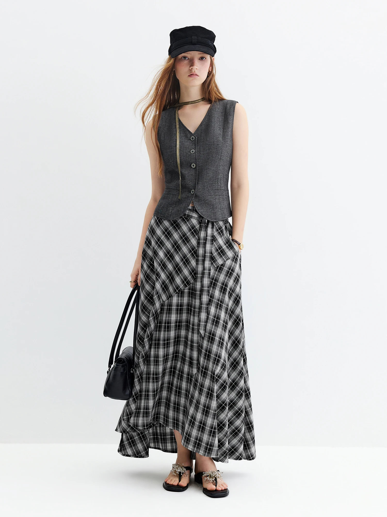 FSLE Women's 2026 Autumn New Arrival V-Neck Linen Sleeveless Vest Plaid Skirt Set Elegant Commute A-Line Floor Lenghth Skirt