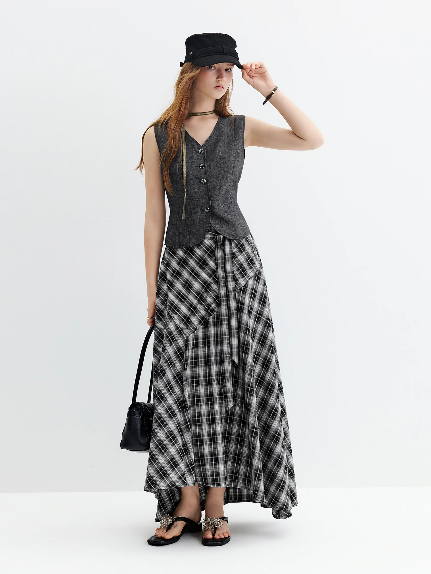 FSLE Women's 2026 Autumn New Arrival V-Neck Linen Sleeveless Vest Plaid Skirt Set Elegant Commute A-Line Floor Lenghth Skirt