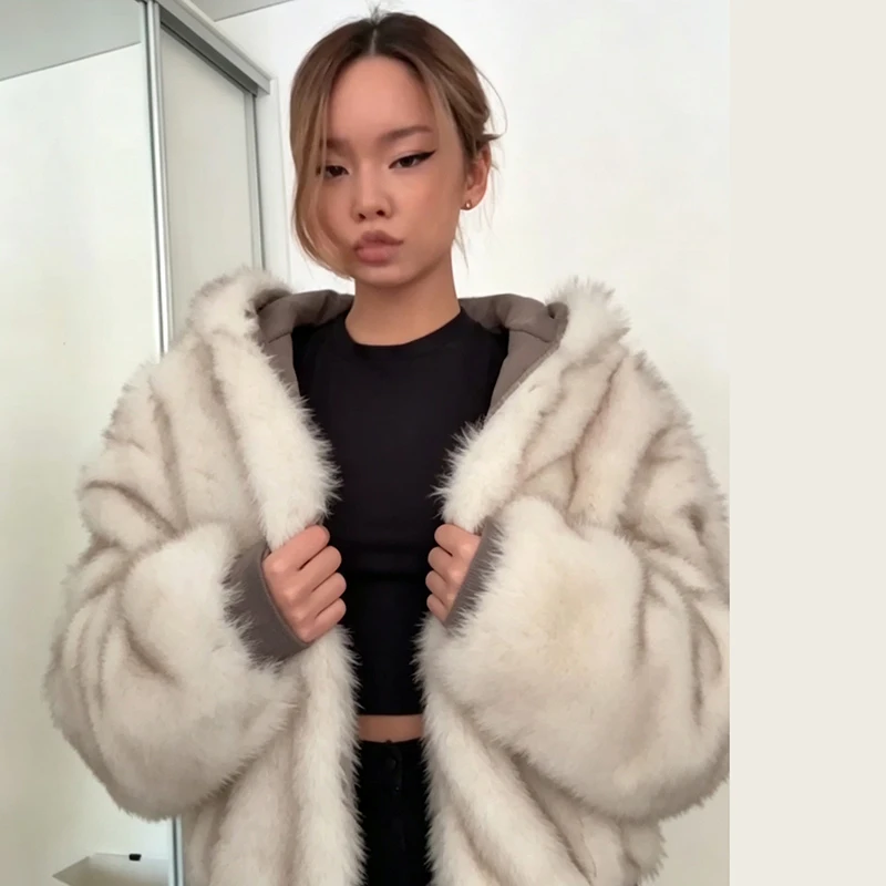 Warm Hooded Wowone's Faux Fur Jacket Batwing Sleeve Zipper Loose Reversible Puffy Coat With Pocket 2026 New Winter Lady Jackets