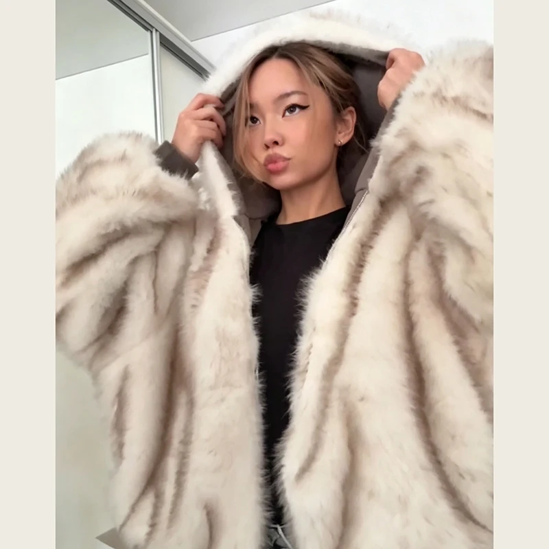 Warm Hooded Wowone's Faux Fur Jacket Batwing Sleeve Zipper Loose Reversible Puffy Coat With Pocket 2026 New Winter Lady Jackets