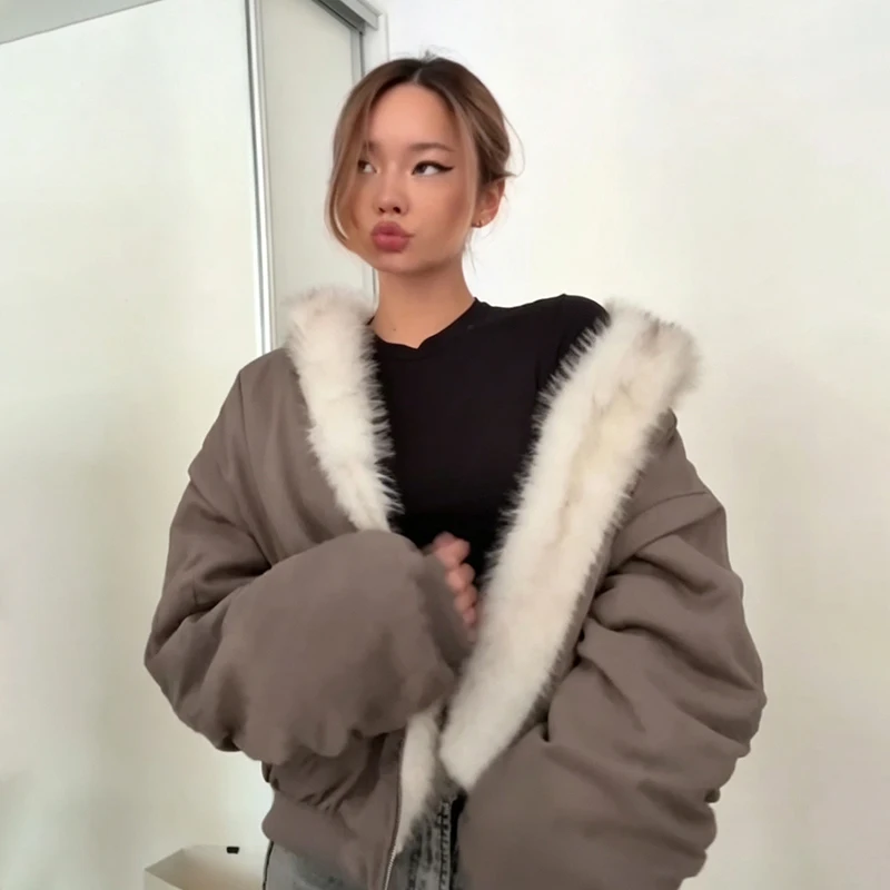 Warm Hooded Wowone's Faux Fur Jacket Batwing Sleeve Zipper Loose Reversible Puffy Coat With Pocket 2026 New Winter Lady Jackets