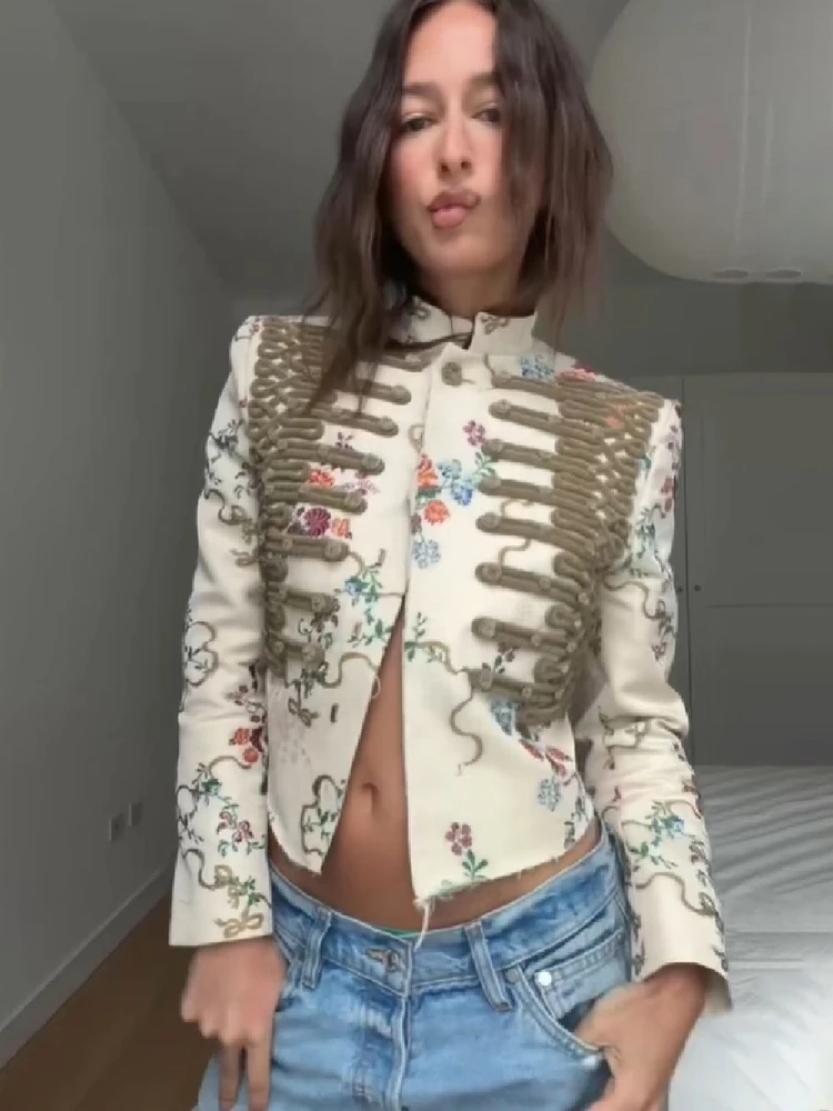 Vintage Floral Printed Cropped Military Jacket Women Stand Neck Braid Embellished Short Coat Royal Style Outerwear Street Blazer
