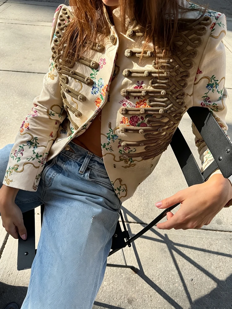 Vintage Floral Printed Cropped Military Jacket Women Stand Neck Braid Embellished Short Coat Royal Style Outerwear Street Blazer