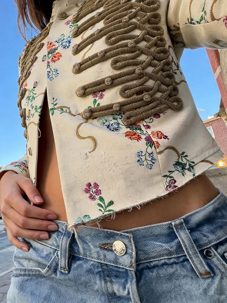 Vintage Floral Printed Cropped Military Jacket Women Stand Neck Braid Embellished Short Coat Royal Style Outerwear Street Blazer