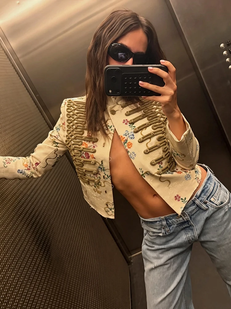Vintage Floral Printed Cropped Military Jacket Women Stand Neck Braid Embellished Short Coat Royal Style Outerwear Street Blazer