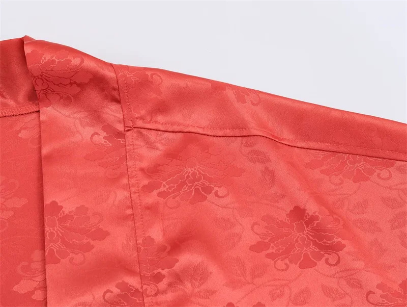 2026 Spring Women's Red Floral Jacquard Satin Kimono, Three-Quarter Sleeve Open-Front Long Casual Outerwear