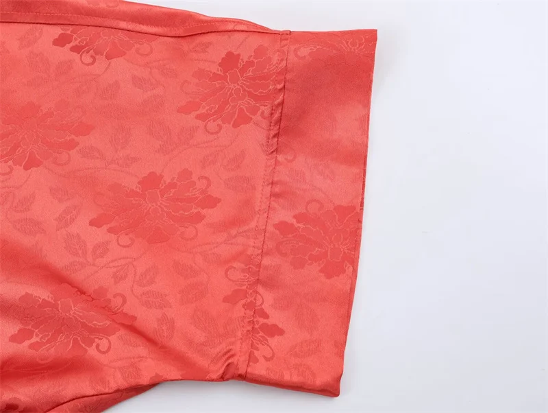 2026 Spring Women's Red Floral Jacquard Satin Kimono, Three-Quarter Sleeve Open-Front Long Casual Outerwear