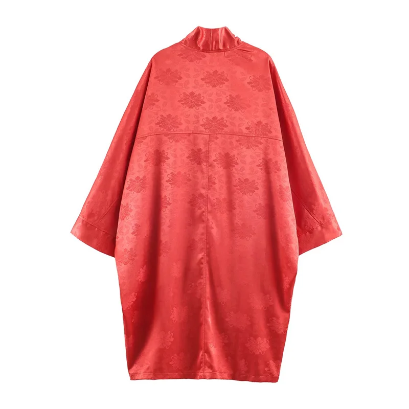 2026 Spring Women's Red Floral Jacquard Satin Kimono, Three-Quarter Sleeve Open-Front Long Casual Outerwear