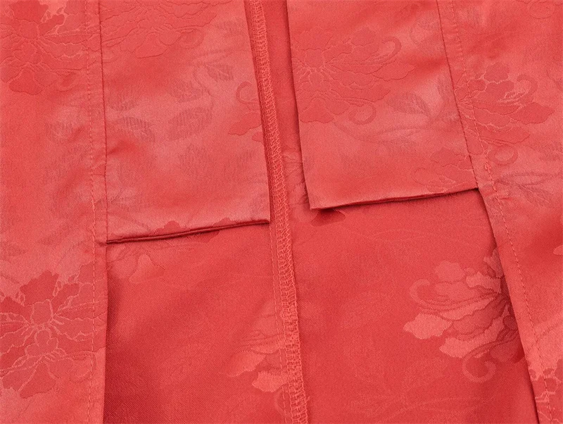 2026 Spring Women's Red Floral Jacquard Satin Kimono, Three-Quarter Sleeve Open-Front Long Casual Outerwear