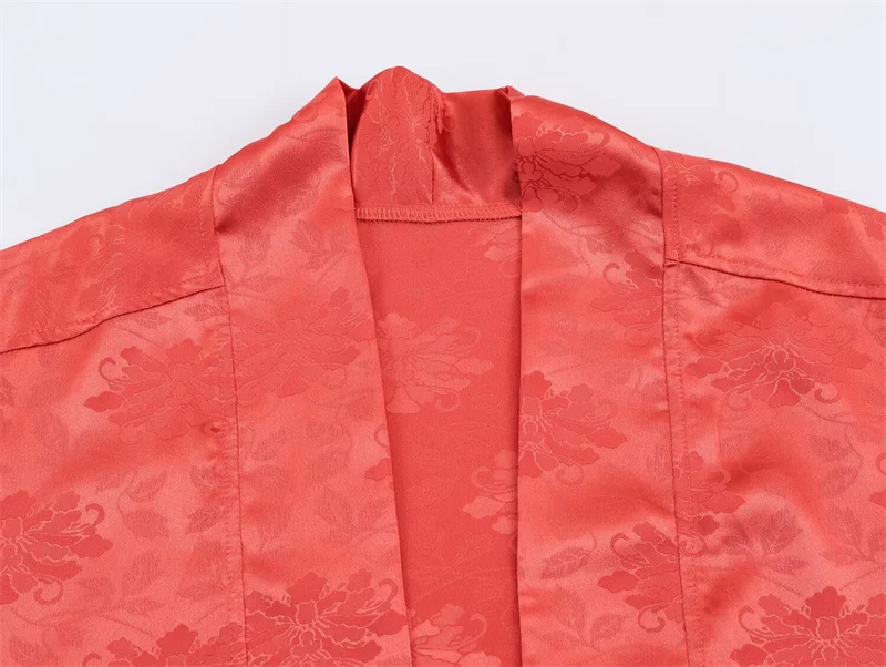 2026 Spring Women's Red Floral Jacquard Satin Kimono, Three-Quarter Sleeve Open-Front Long Casual Outerwear