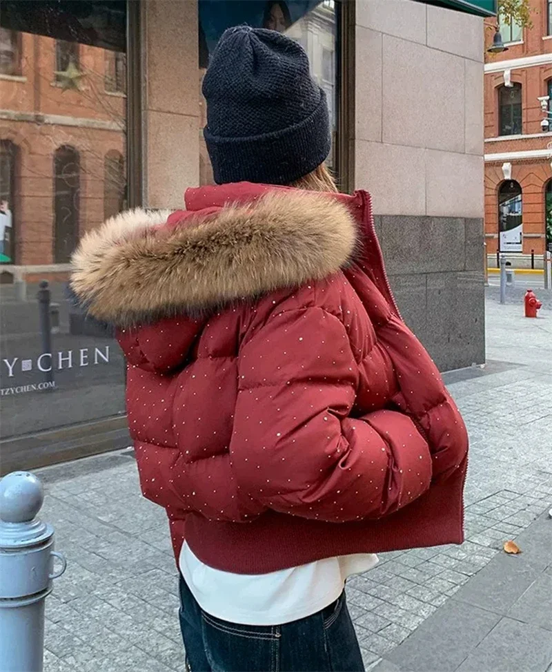 Winter Fur Collar Hooded Cotton Padded Short Coat Women Shiny Rhinestone Puffer Jacket Casual Zip Up Outerwear куртка женская