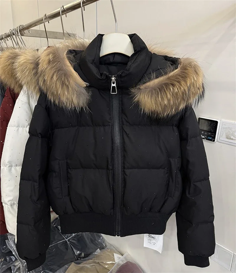 Winter Fur Collar Hooded Cotton Padded Short Coat Women Shiny Rhinestone Puffer Jacket Casual Zip Up Outerwear куртка женская