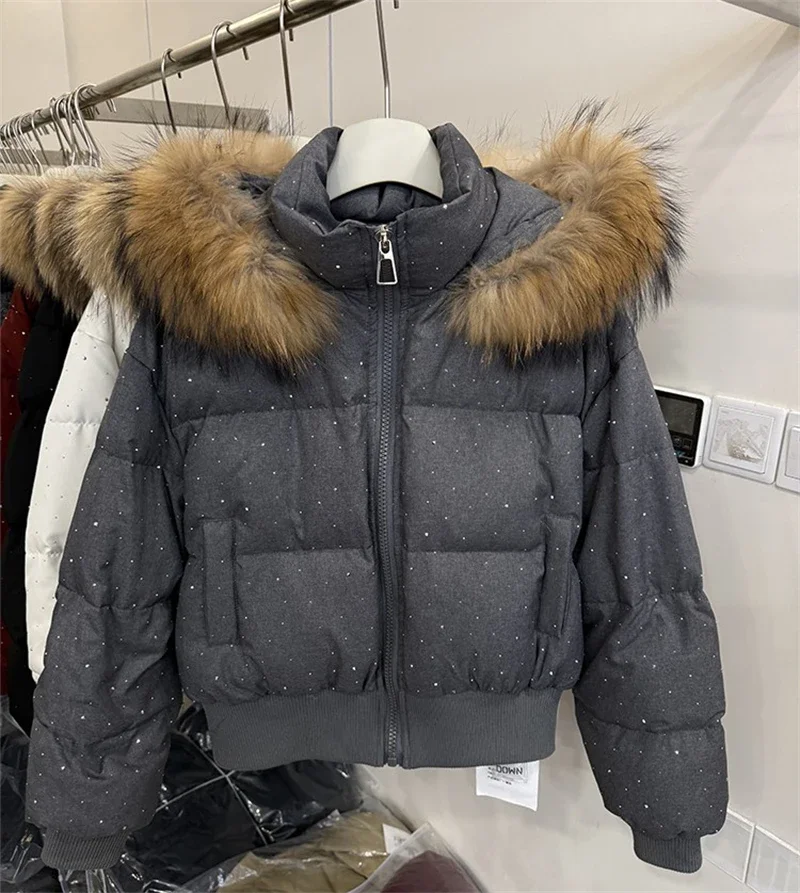 Winter Fur Collar Hooded Cotton Padded Short Coat Women Shiny Rhinestone Puffer Jacket Casual Zip Up Outerwear куртка женская