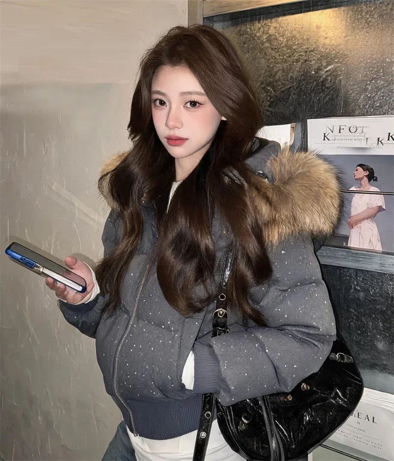 Winter Fur Collar Hooded Cotton Padded Short Coat Women Shiny Rhinestone Puffer Jacket Casual Zip Up Outerwear куртка женская