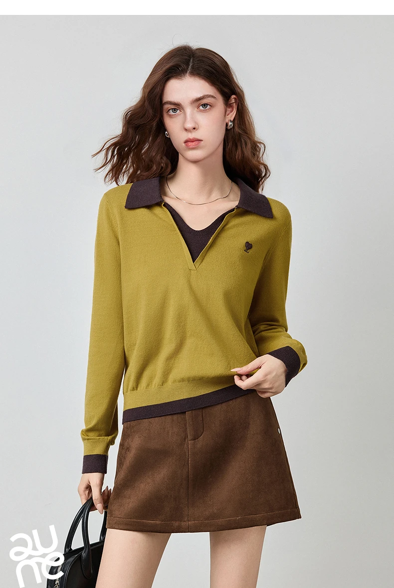 TOYOUTH Women's Fitted Polo Neck Knitwear 2026 Autumn New Contrast Color V-Neck College Style Long Sleeve Top