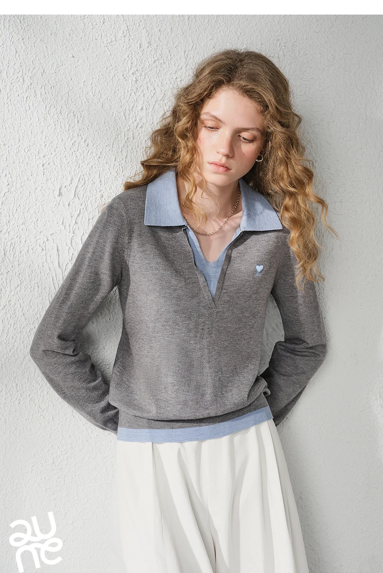 TOYOUTH Women's Fitted Polo Neck Knitwear 2026 Autumn New Contrast Color V-Neck College Style Long Sleeve Top