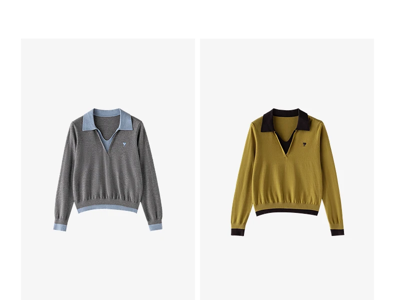 TOYOUTH Women's Fitted Polo Neck Knitwear 2026 Autumn New Contrast Color V-Neck College Style Long Sleeve Top