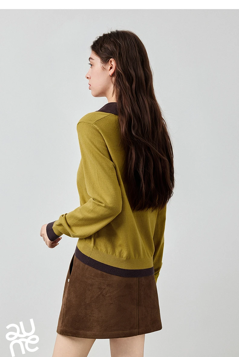 TOYOUTH Women's Fitted Polo Neck Knitwear 2026 Autumn New Contrast Color V-Neck College Style Long Sleeve Top
