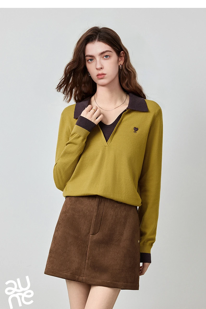 TOYOUTH Women's Fitted Polo Neck Knitwear 2026 Autumn New Contrast Color V-Neck College Style Long Sleeve Top