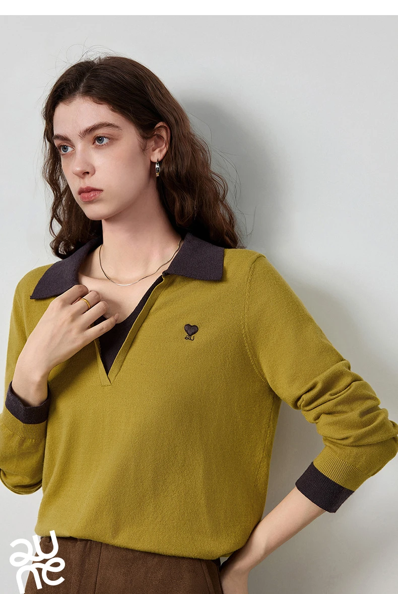TOYOUTH Women's Fitted Polo Neck Knitwear 2026 Autumn New Contrast Color V-Neck College Style Long Sleeve Top