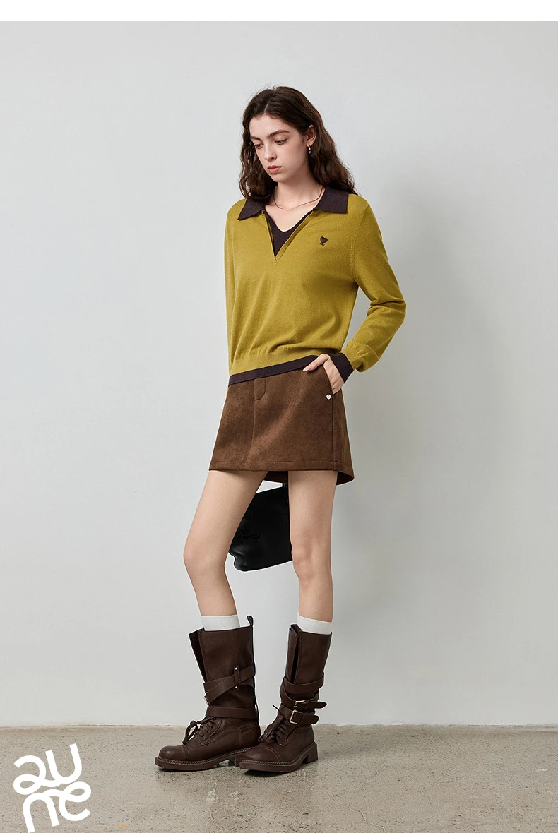 TOYOUTH Women's Fitted Polo Neck Knitwear 2026 Autumn New Contrast Color V-Neck College Style Long Sleeve Top