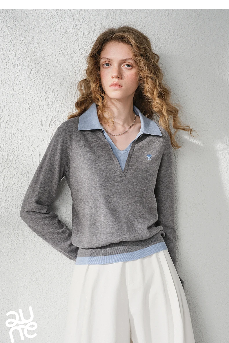 TOYOUTH Women's Fitted Polo Neck Knitwear 2026 Autumn New Contrast Color V-Neck College Style Long Sleeve Top