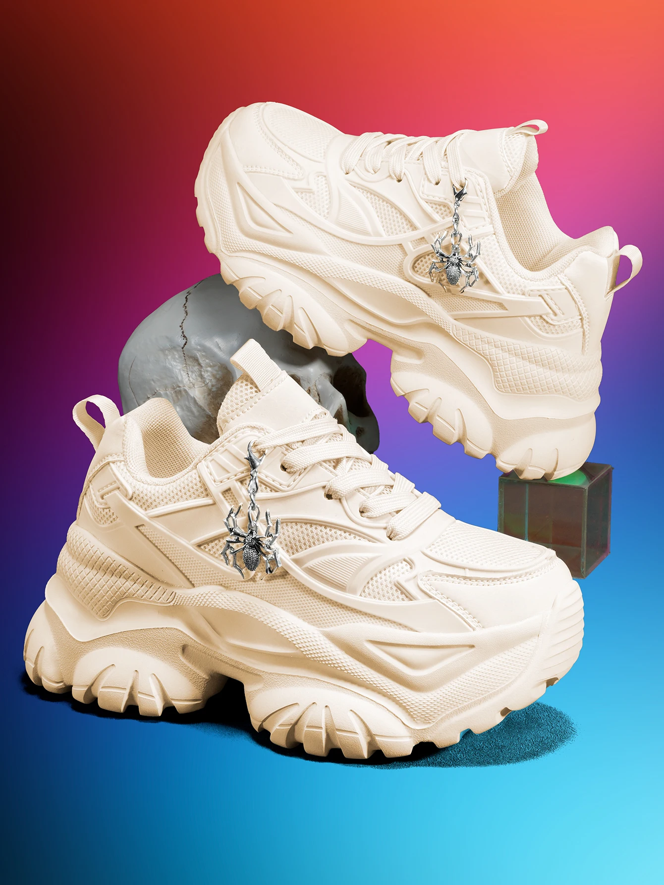 Women's outdoor all-season dad sneakers, Y2K style with a 7CM thick sole for added height, white sports shoes, featuring a detachable silver spider decoration, combined with breathable mesh and lightweight EVA, versatile trendy shoes for everyday commuting and shopping