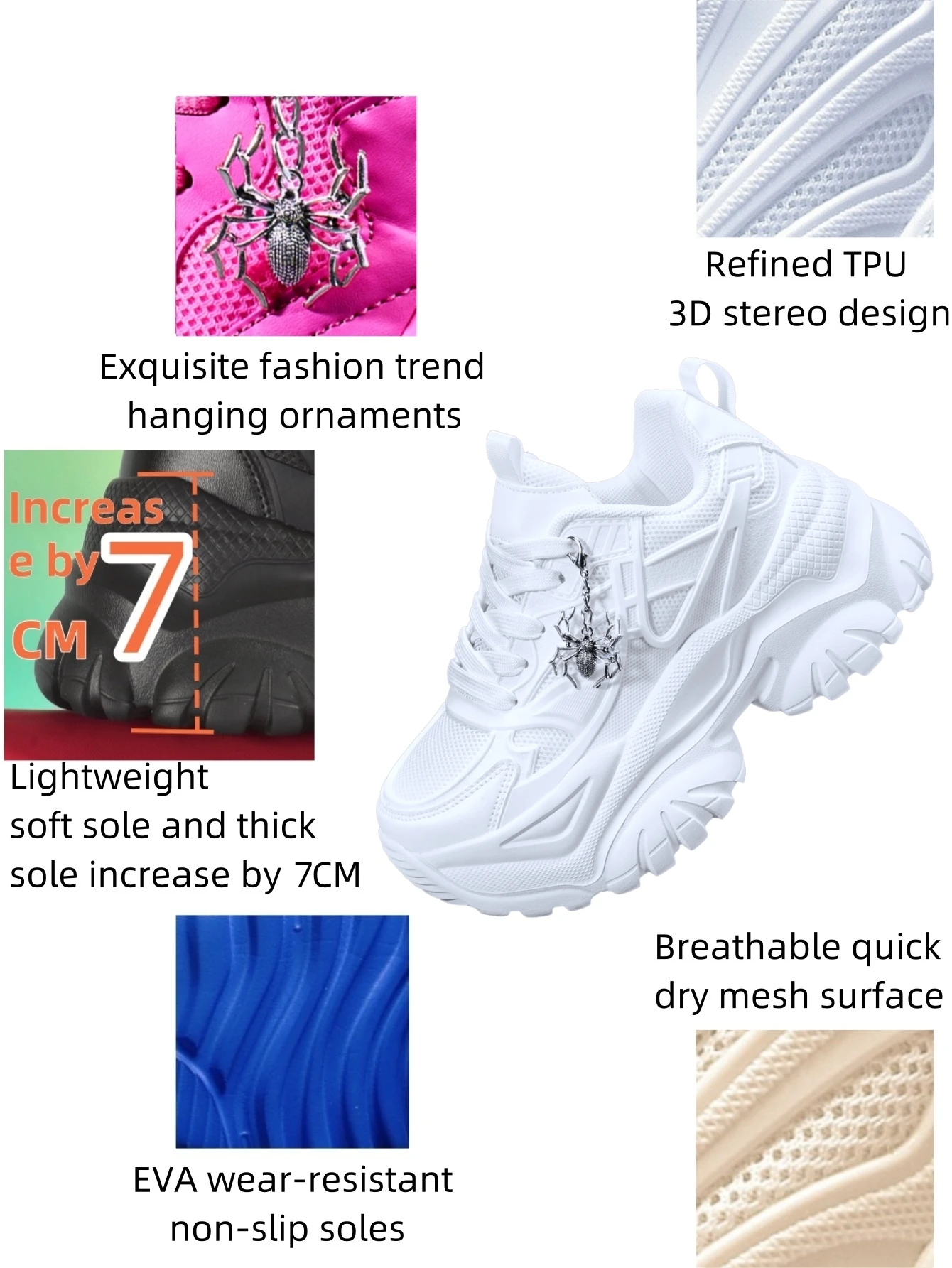 Women's outdoor all-season dad sneakers, Y2K style with a 7CM thick sole for added height, white sports shoes, featuring a detachable silver spider decoration, combined with breathable mesh and lightweight EVA, versatile trendy shoes for everyday commuting and shopping