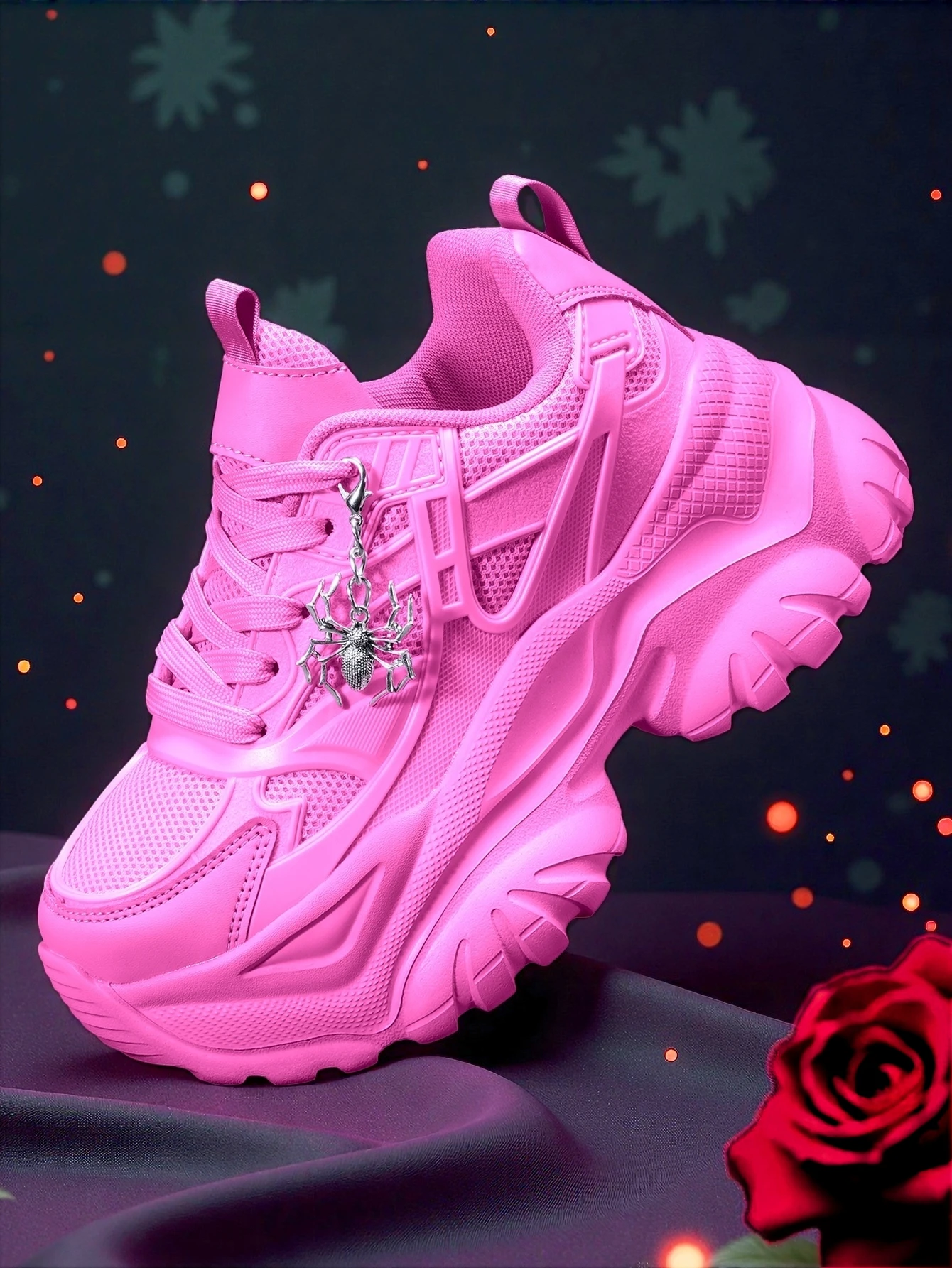 Women's outdoor all-season dad sneakers, Y2K style with a 7CM thick sole for added height, white sports shoes, featuring a detachable silver spider decoration, combined with breathable mesh and lightweight EVA, versatile trendy shoes for everyday commuting and shopping