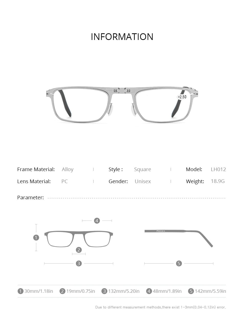 FONEX High Quality Folding Reading Glasses Men Women Foldable Presbyopia Reader Hyperopia Diopter Eyeglasses Screwless LH012