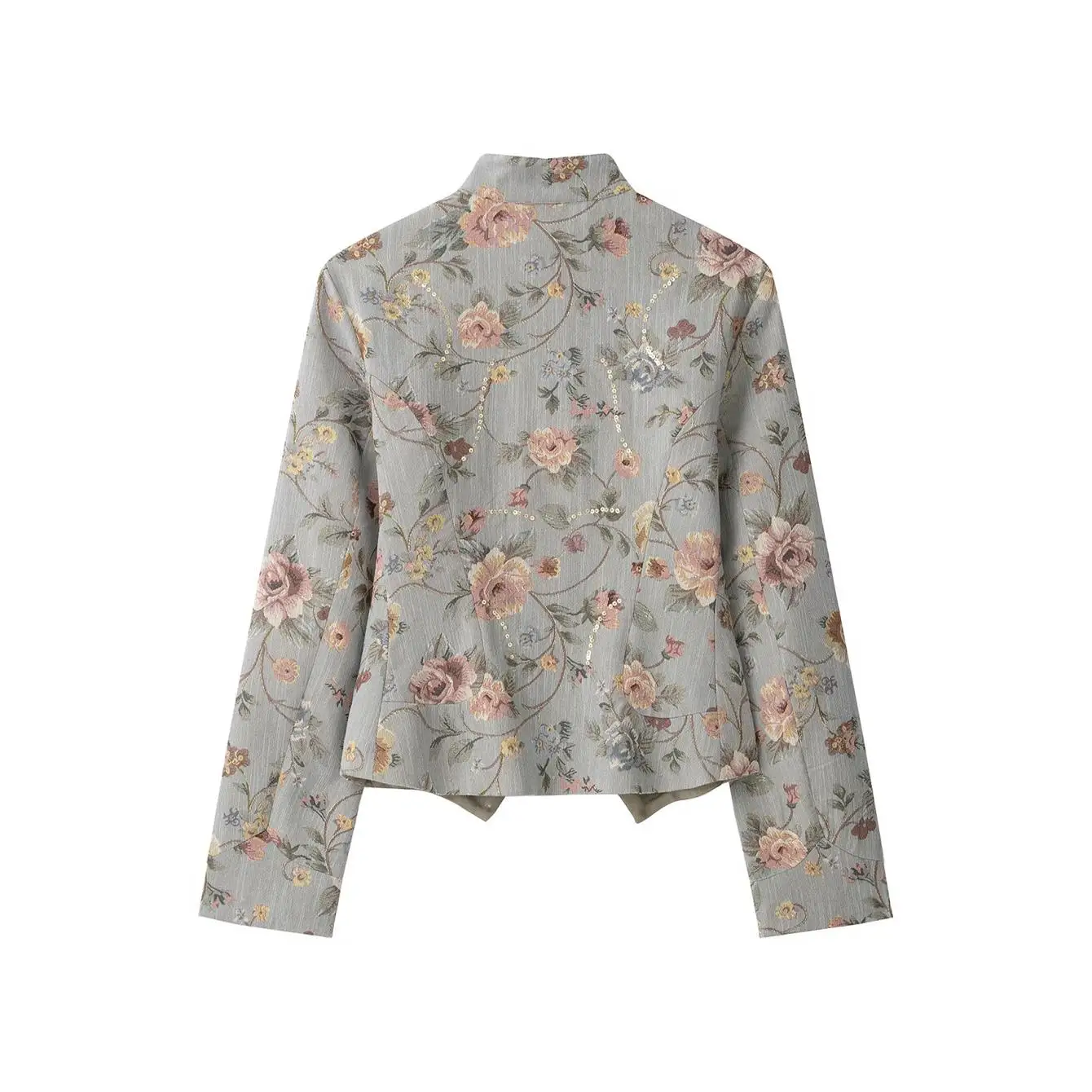 TFMLN 2026 Women Sequin Floral Jacket Stand Collar Button Front Elegant Casual Outerwear Fashion New Slim Fit Print Short Coat