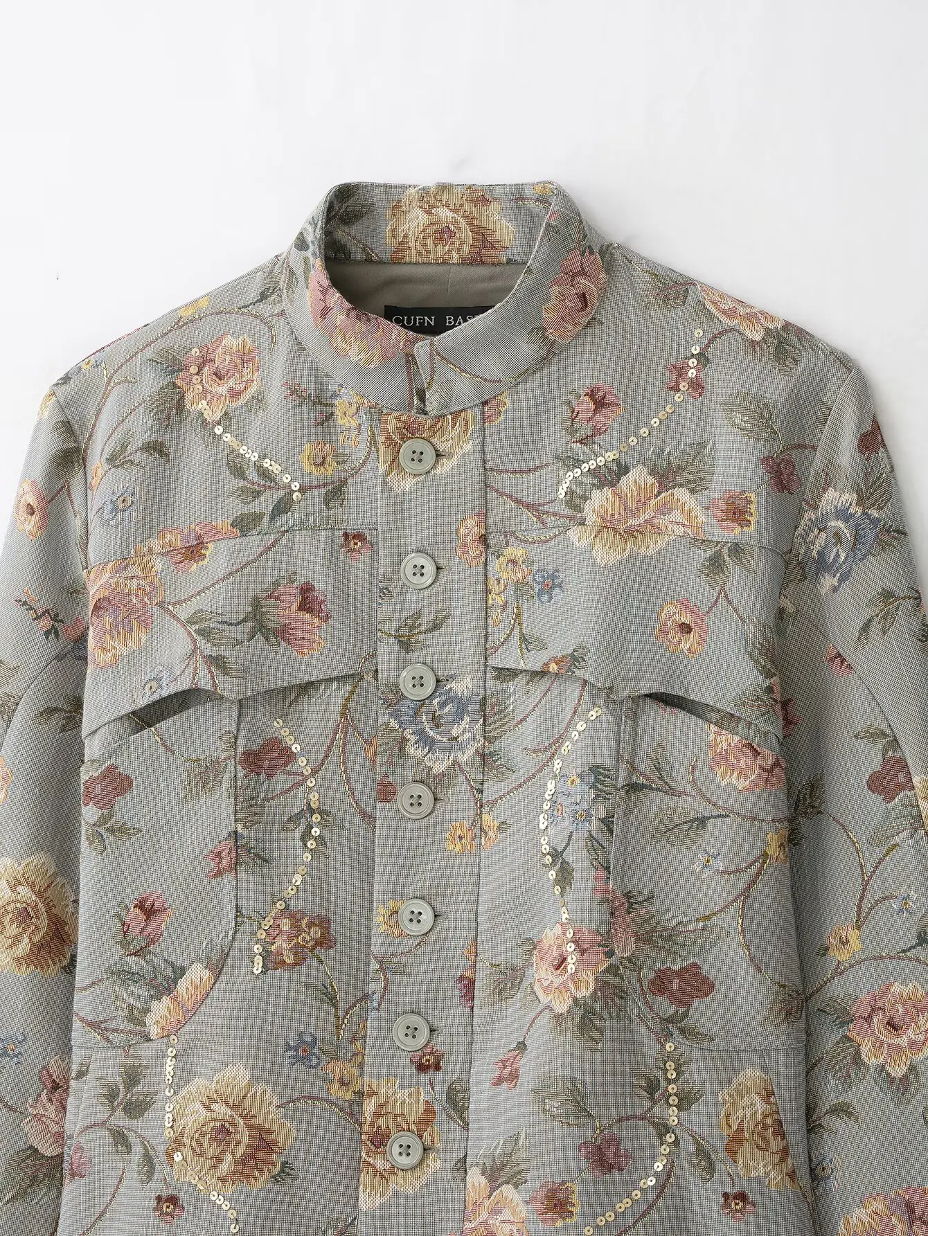 TFMLN 2026 Women Sequin Floral Jacket Stand Collar Button Front Elegant Casual Outerwear Fashion New Slim Fit Print Short Coat