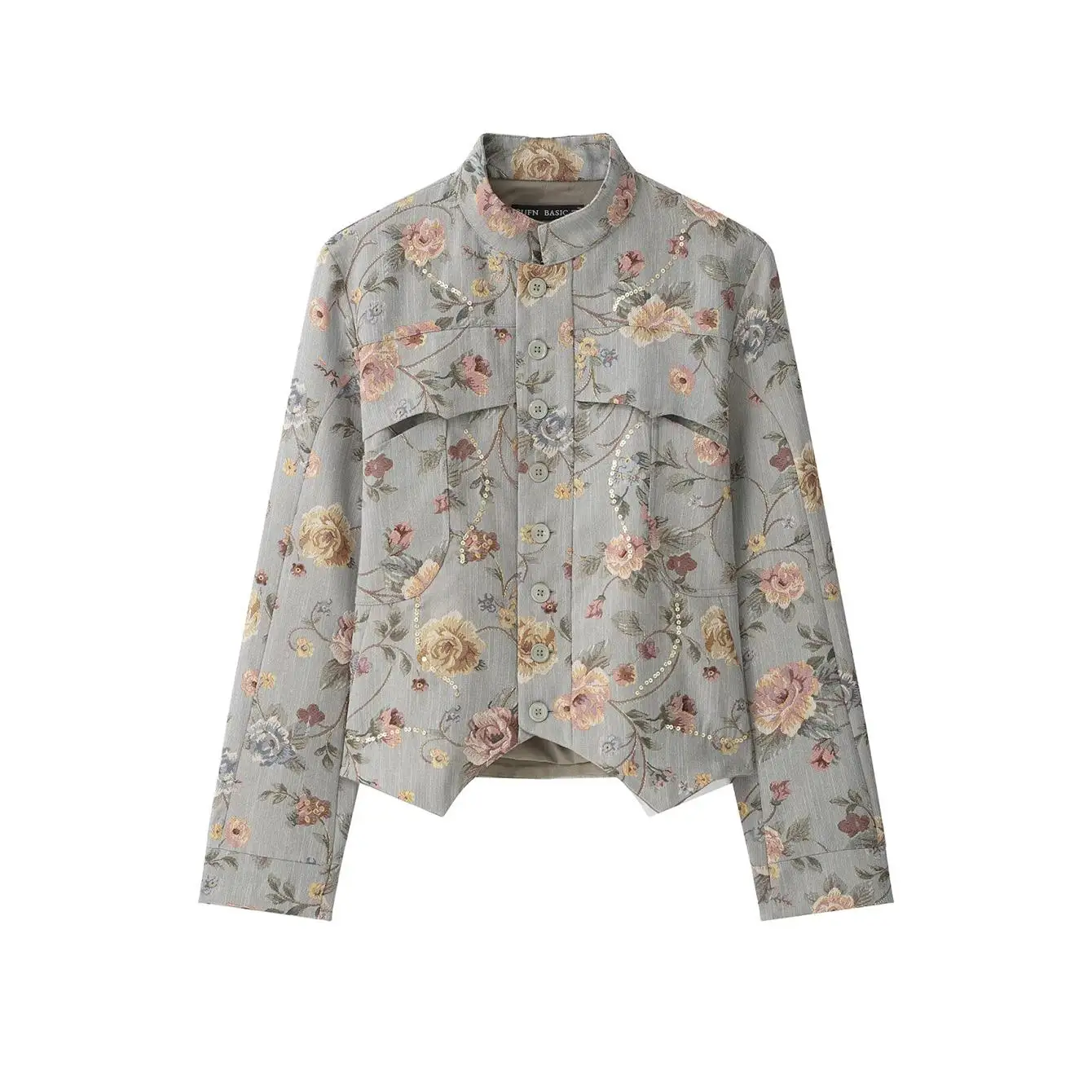 TFMLN 2026 Women Sequin Floral Jacket Stand Collar Button Front Elegant Casual Outerwear Fashion New Slim Fit Print Short Coat