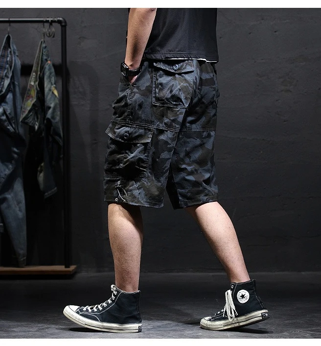 Men's Cotton Camouflage Cargo Shorts Loose Plus Size Casual Multi-Pocket Capri Pants Trendy Streetwear