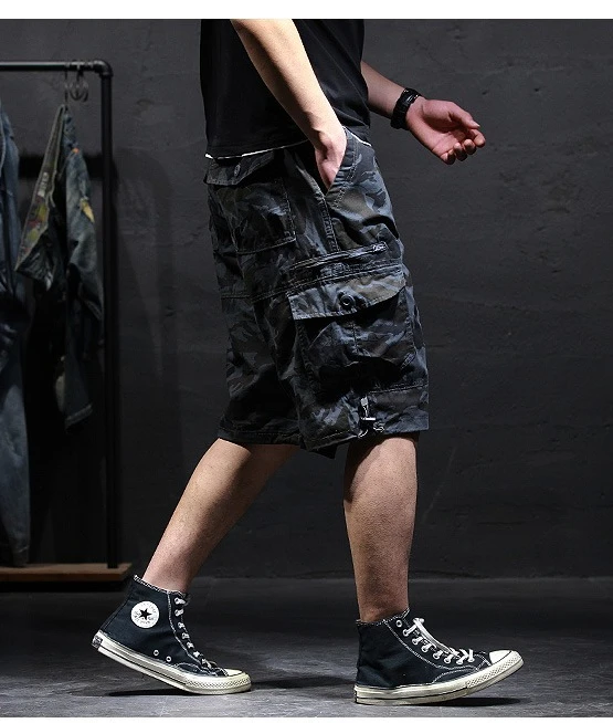 Men's Cotton Camouflage Cargo Shorts Loose Plus Size Casual Multi-Pocket Capri Pants Trendy Streetwear