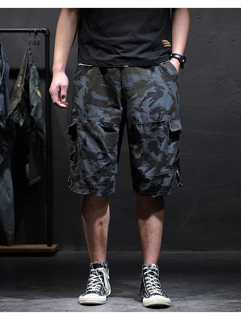 Men's Cotton Camouflage Cargo Shorts Loose Plus Size Casual Multi-Pocket Capri Pants Trendy Streetwear