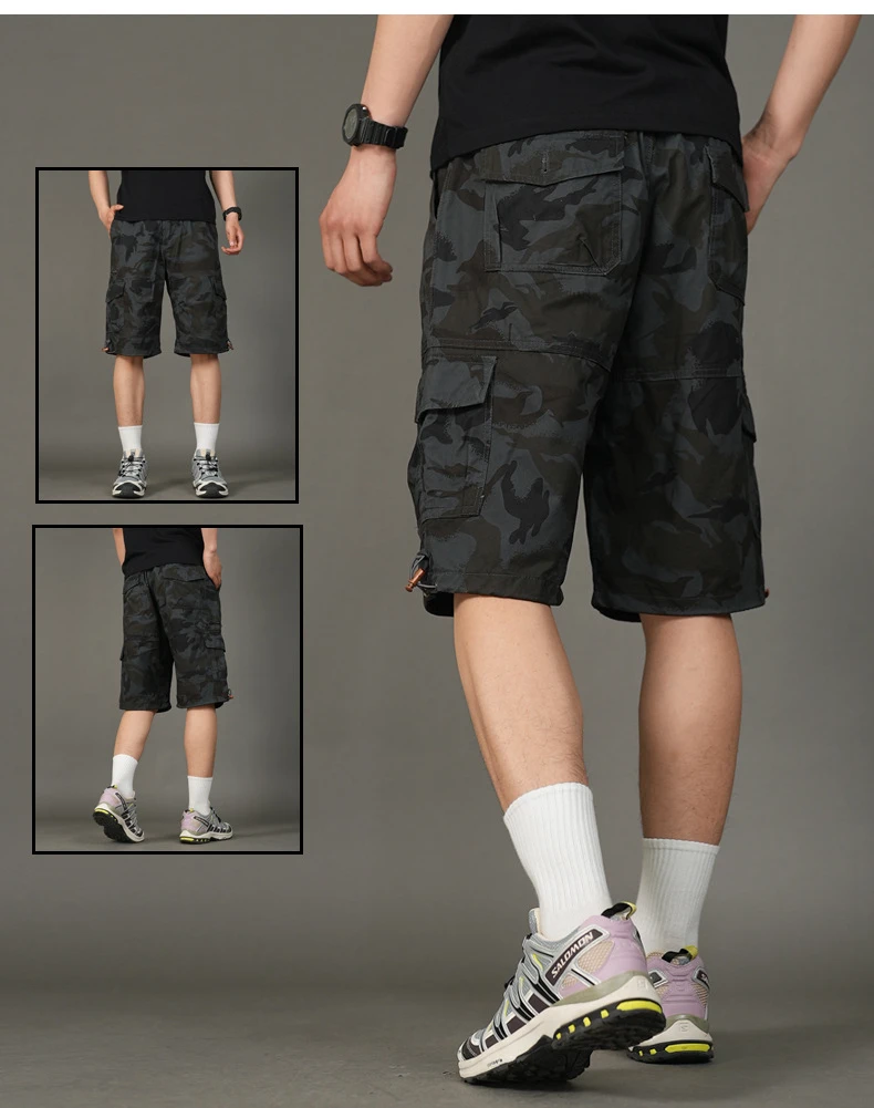 Men's Cotton Camouflage Cargo Shorts Loose Plus Size Casual Multi-Pocket Capri Pants Trendy Streetwear