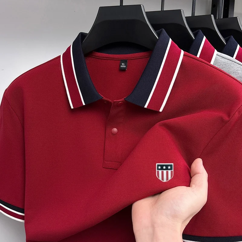 Fashion Summer Men's Short-Sleeved Polo Shirt Lapel Button High Quality Stamp Stripe Design Soft Snug Versatile Men's Clothing
